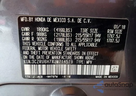 2018 Honda Hr-V Exl from USA, damaged, VIN 3CZRU6H7XJM714579